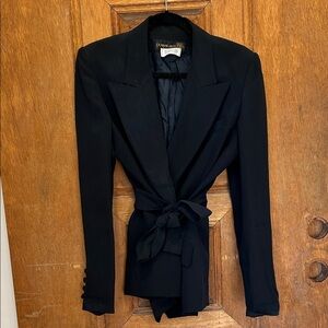 Vintage Donna Karan Elegant navy blue double button blazer jacket waist tie 8